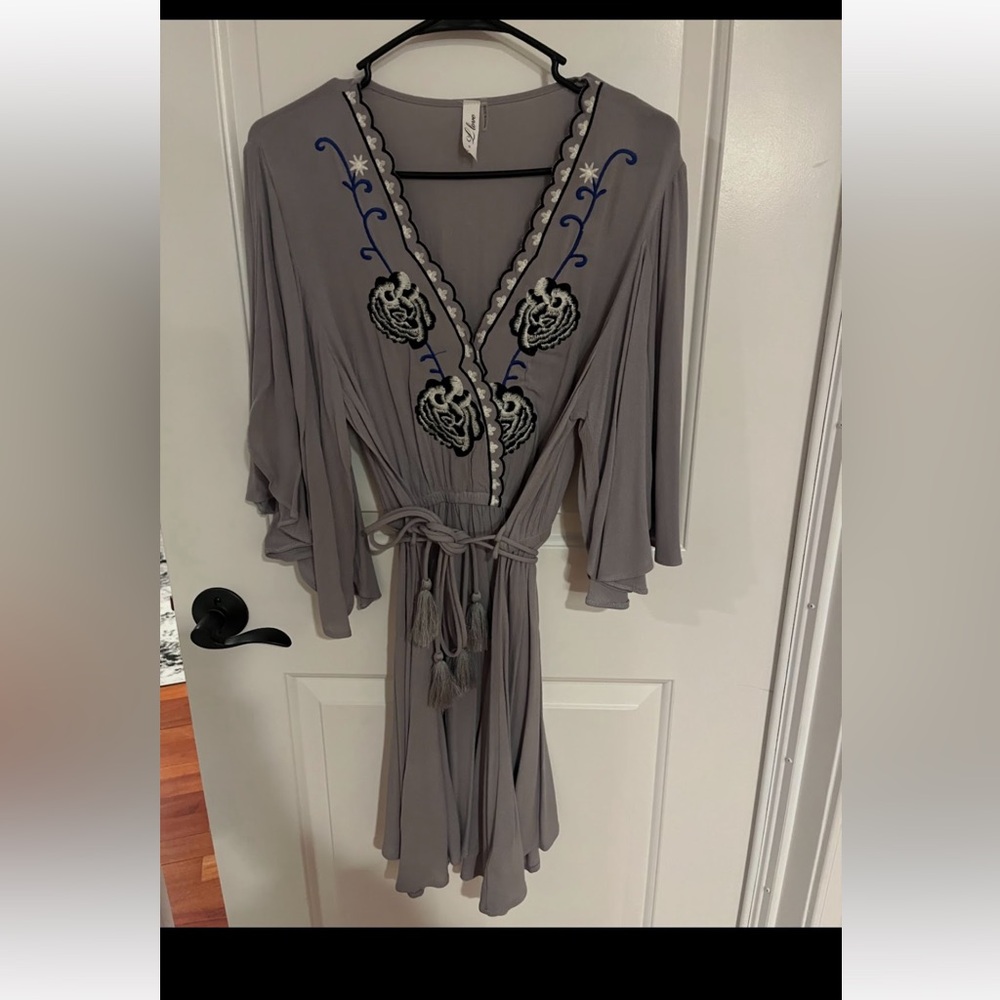 Elegant Gray and Blue Embroidered Mini Dress